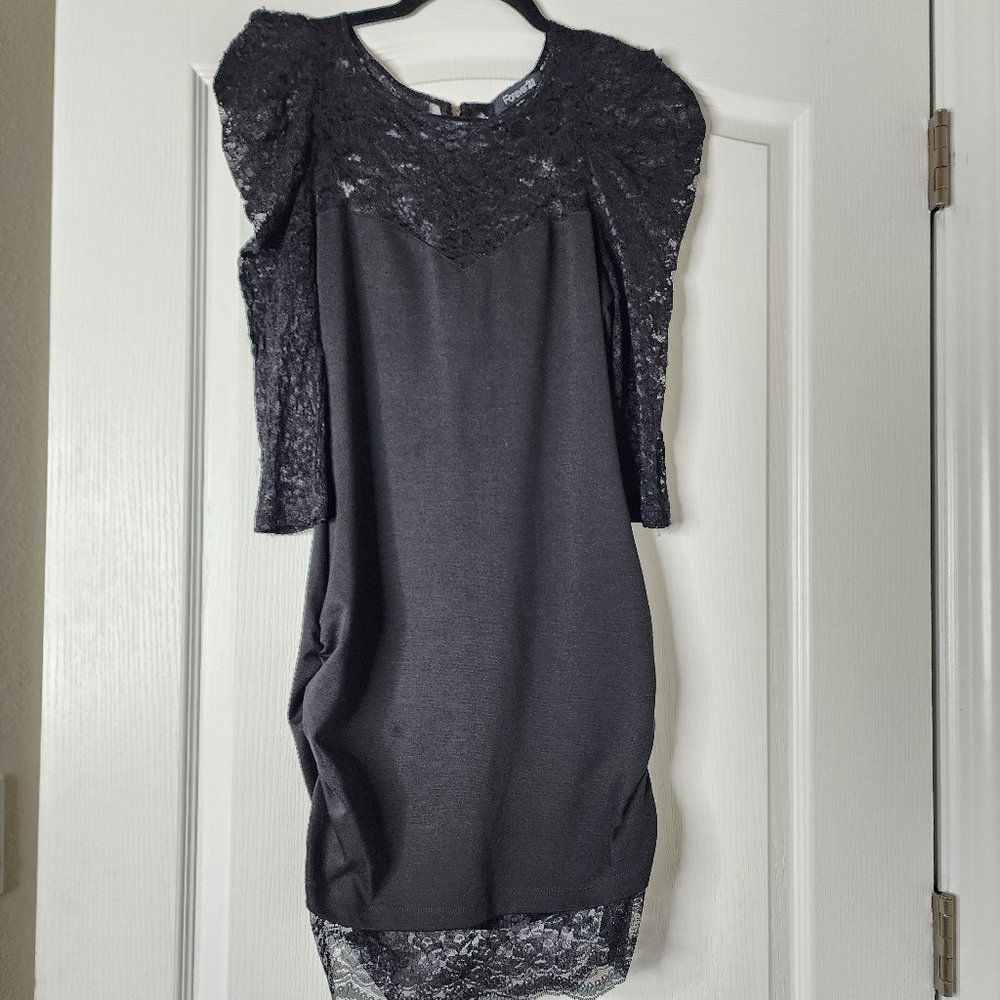 Solid Zipper Back Bodycon Dress with lace poofy sleeves